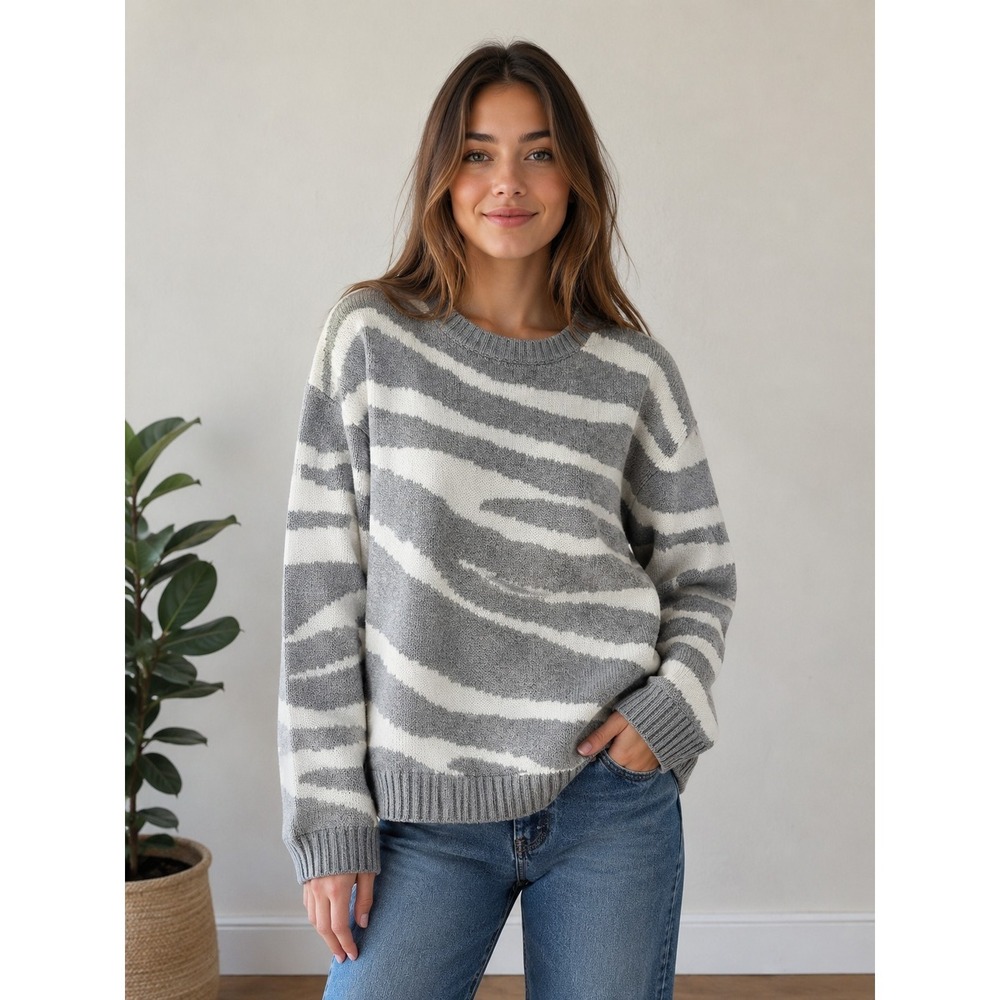 POL Womens Medium Gray Zebra Print Sweater Oversized Coastal Cowgirl Cozy Core